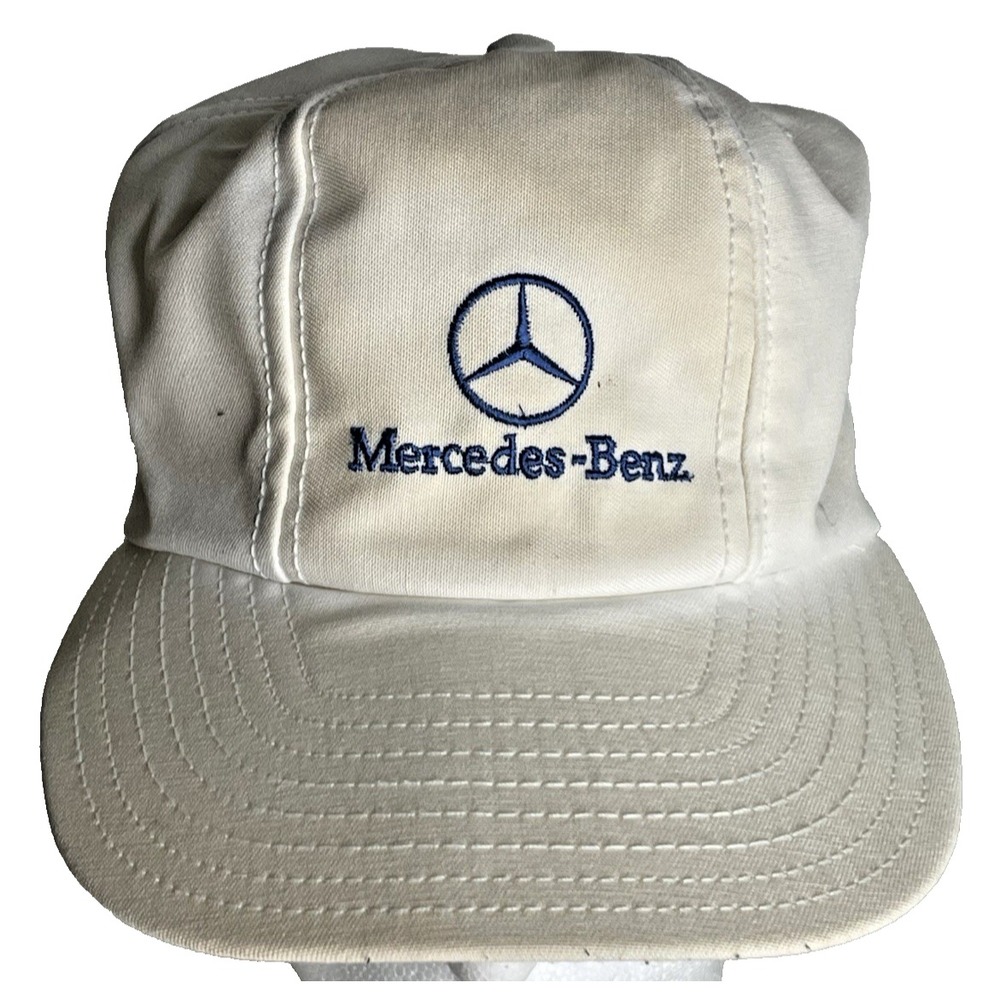 Mercedes Benz 6 Panel Embroidered Logo Strapback Hat Cap White Vintage USA Made